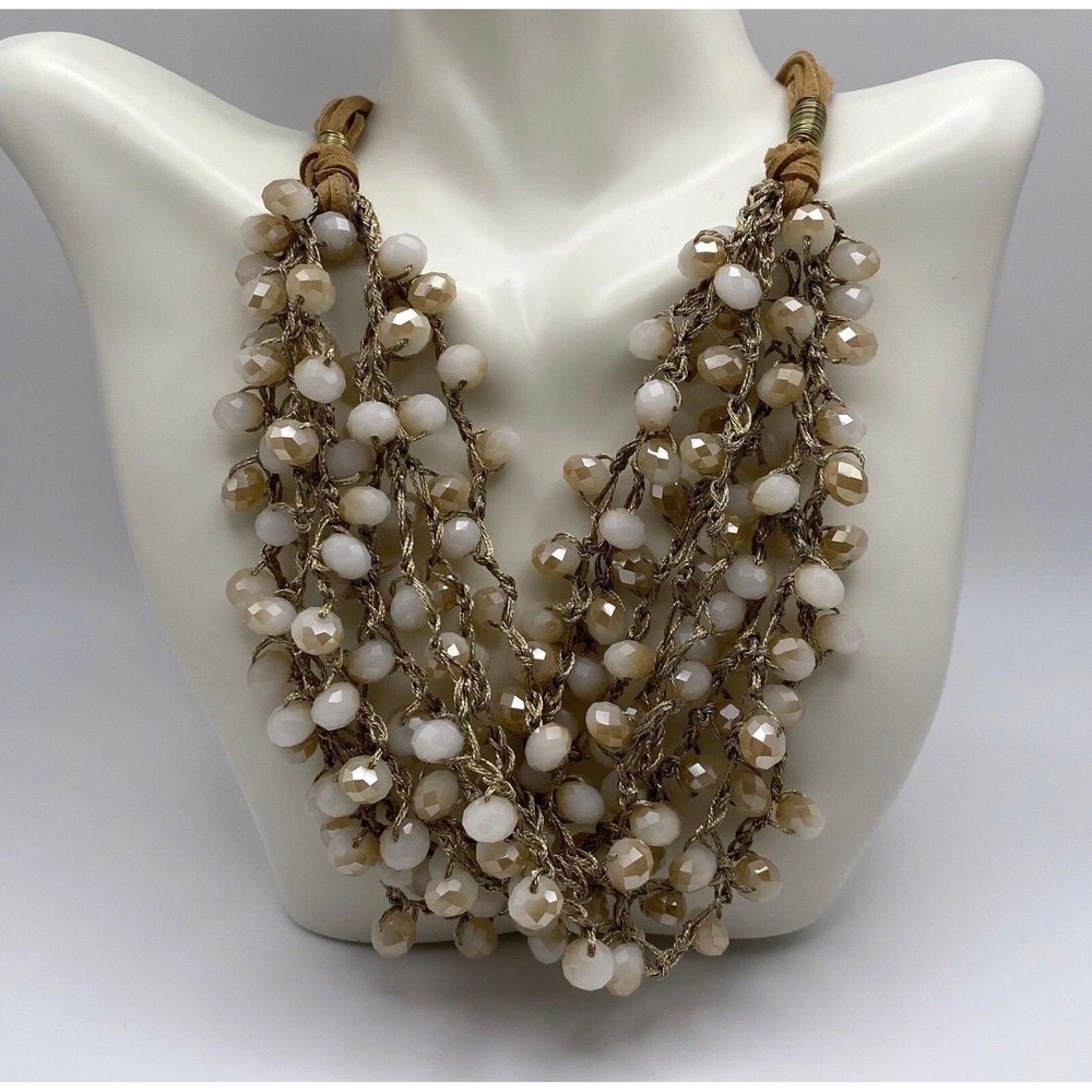 Unbranded Statement Necklace Women OS Gold White Ombre Glass Bead Leather Rope